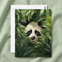 Cute panda bear hiding behind green bamboo leaves
