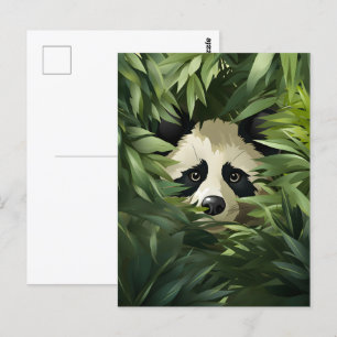 Cute panda bear hiding behind green bamboo leaves postcard