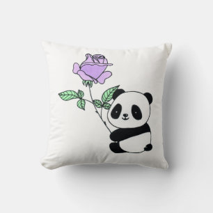 Cute Panda Bear Holding Purple Rose Flower Throw Pillow