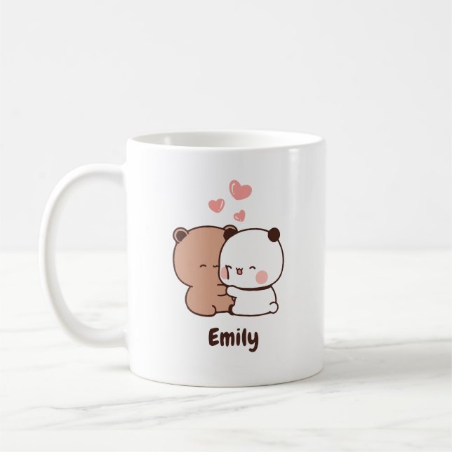 Cute Panda bear huging love, Personalized Name Coffee Mug (Left)