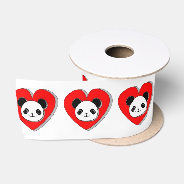 Cute Panda Bear In Red Heart Satin Ribbon (Spool)