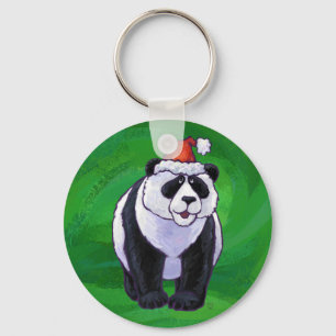 Cute Panda Bear in Santa Hat on Green Keychain