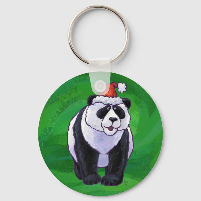 Cute Panda Bear in Santa Hat on Green Keychain (Front)