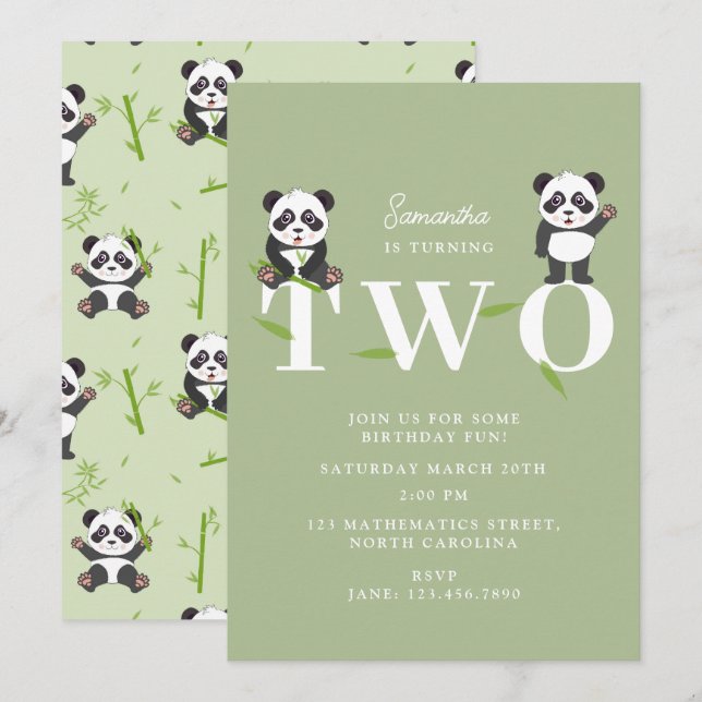 Cute Panda Bear Kawaii Kids Two 2 Birthday Invitation (Front/Back)