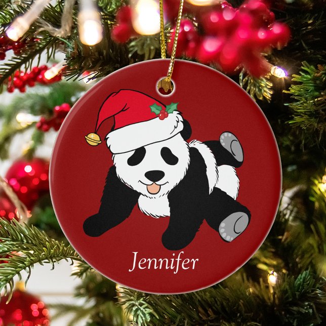 Cute Panda Bear Kids Monogram Red Christmas Ceramic Ornament (Creator Uploaded)