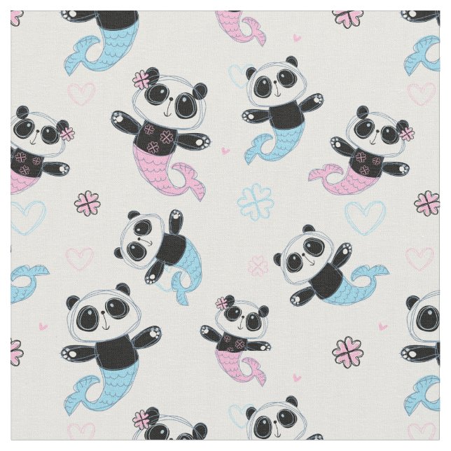 Cute Panda Bear Mermaids Fabric (Close Up)