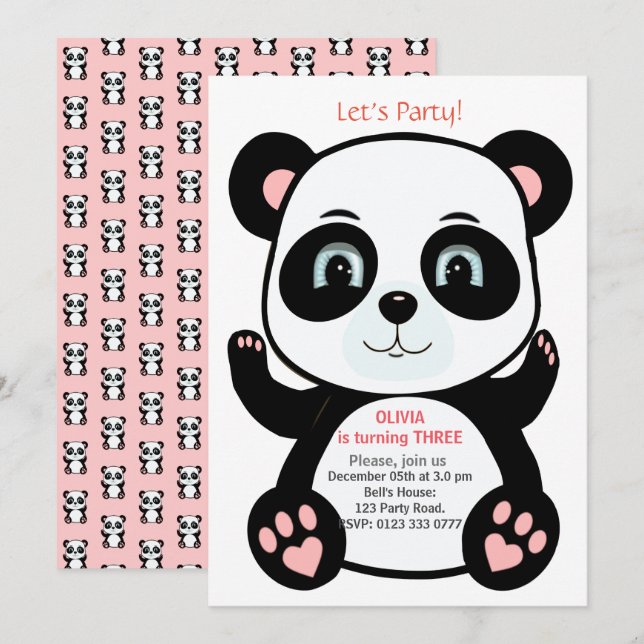 Cute Panda Bear on Pink & White Birthday Invitation (Front/Back)