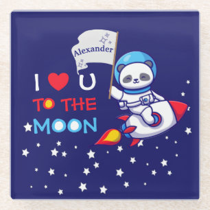 Cute Panda Bear On Rocket Ship Kids Personalized Glass Coaster