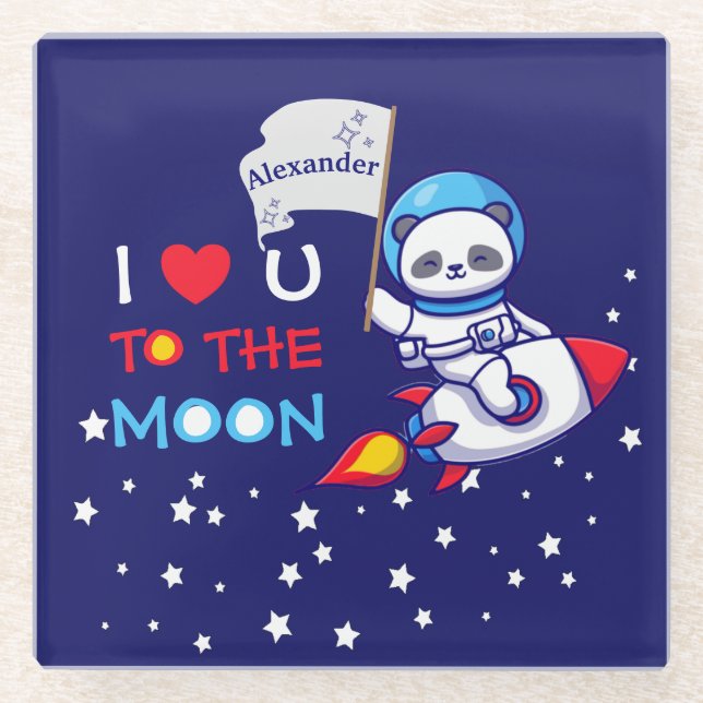 Cute Panda Bear On Rocket Ship Kids Personalized Glass Coaster (Front)