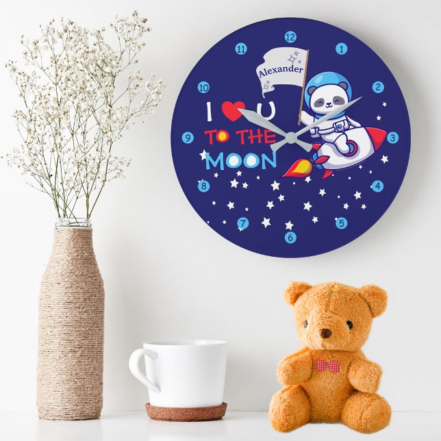 Cute Panda Bear On Rocket Ship Kids Personalized Large Clock (Creator Uploaded)