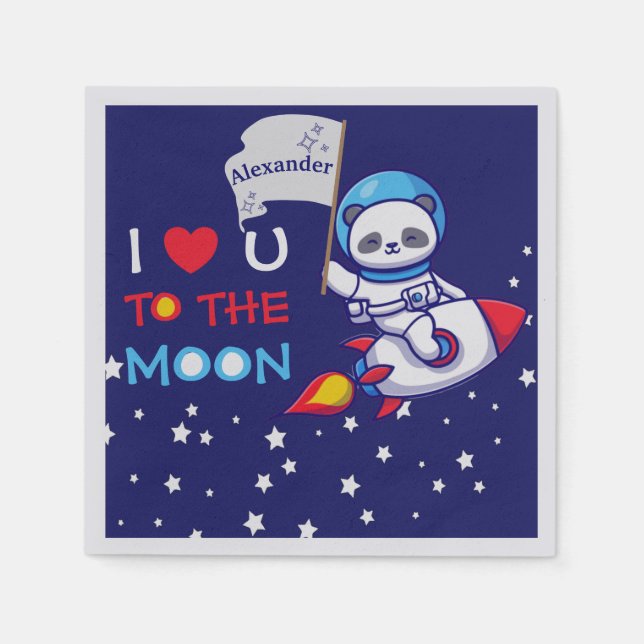 Cute Panda Bear On Rocket Ship Kids Personalized Napkin (Front)