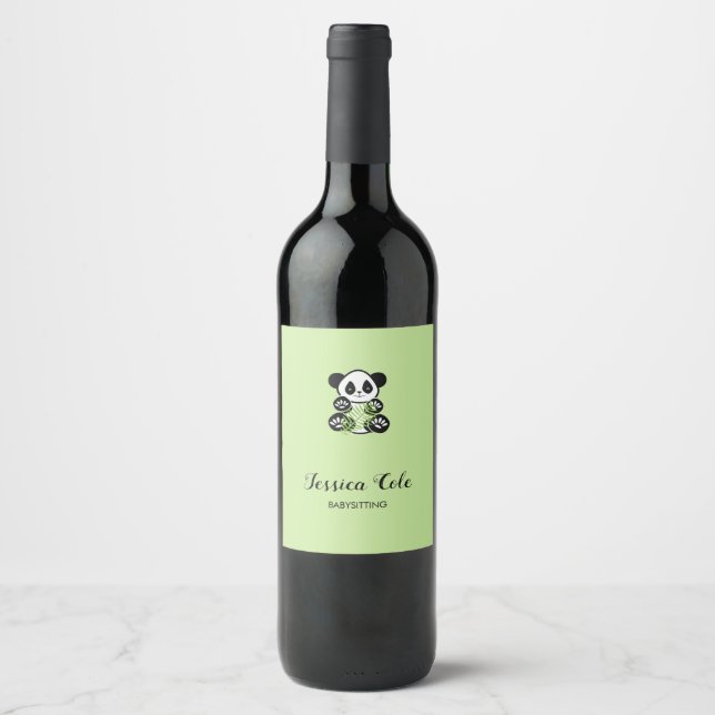 Cute panda bear pale green wine label (Front)