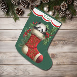 Cute Panda Bear Peeking Large Christmas Stocking<br><div class="desc">This Holiday stocking has an image of an adorable baby panda bear peeking out of an ornate red stocking. The image is surrounded by holly, red berries, and poinsettia blooms, and is placed on a Christmas green background. A white scalloped edge design bordered in red holds your customized name at...</div>