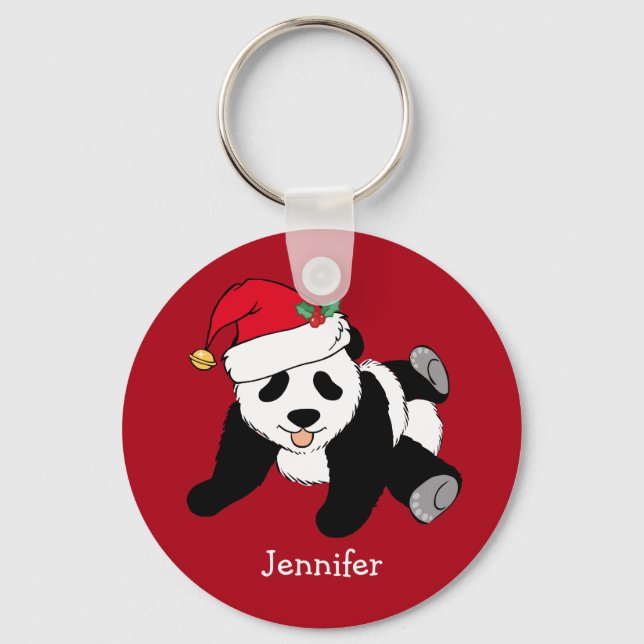 Cute Panda Bear Personalized Kids Red Christmas Keychain (Front)