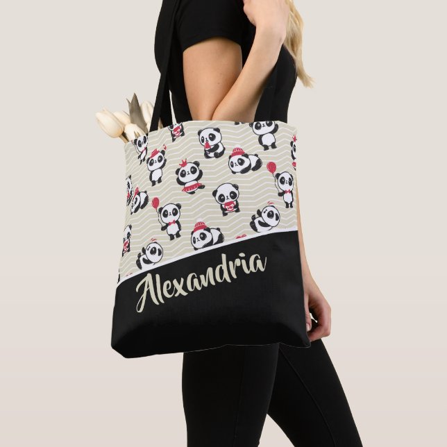 Cute Panda Bear Personalized Patterned Tote Bag (Close Up)