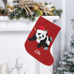 Cute Panda Bear Personalized Red Kids Large Christmas Stocking