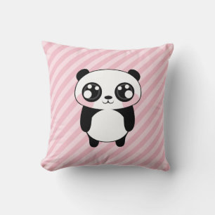 Cute Panda Bear Pink Stripes Background Throw Pillow
