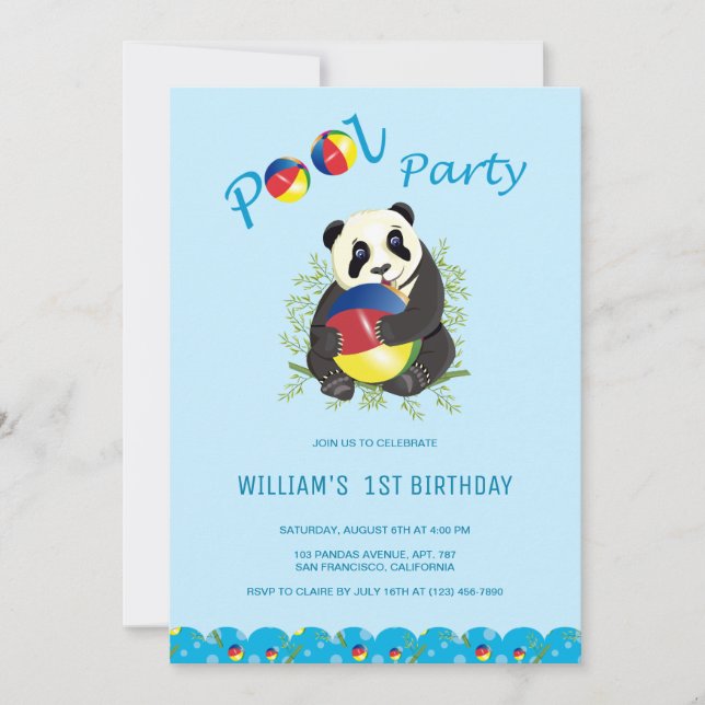 Cute Panda Bear Pool Party 1st Birthday Photo Invi Invitation (Front)