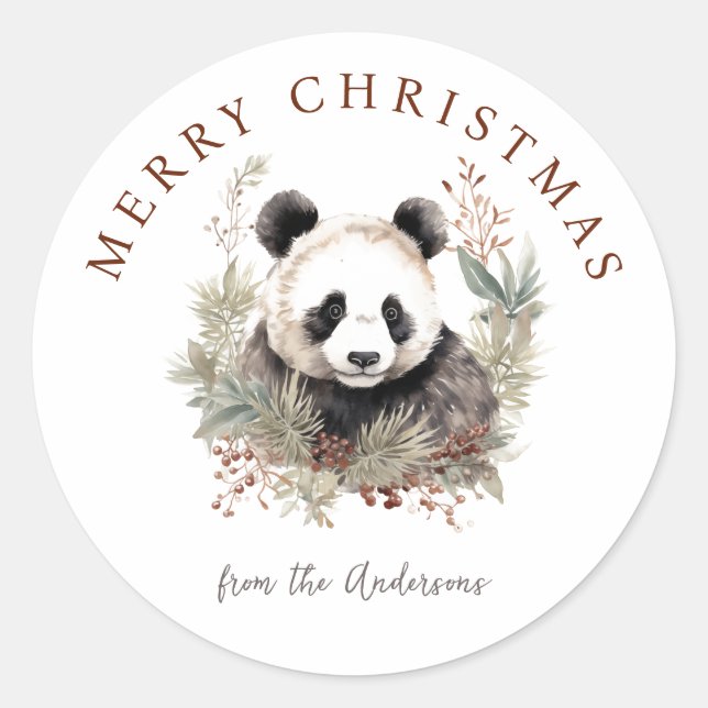 Cute Panda Bear Rustic chic Christmas botanicals Classic Round Sticker (Front)
