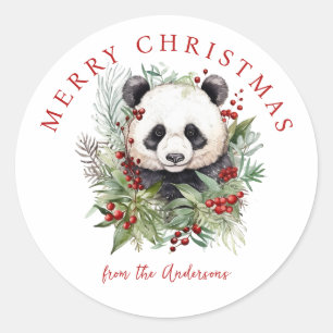 Cute Panda Bear Rustic Christmas botanicals Classic Round Sticker