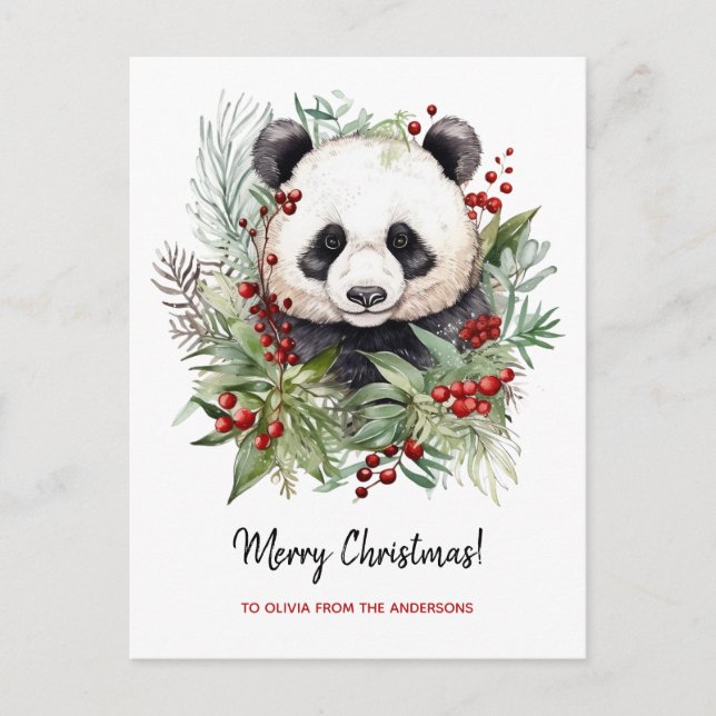 Cute Panda Bear Rustic Christmas botanicals Postcard (Front)