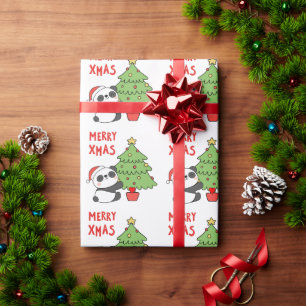 Cute Panda Bear With Christmas Tree  Wrapping Paper