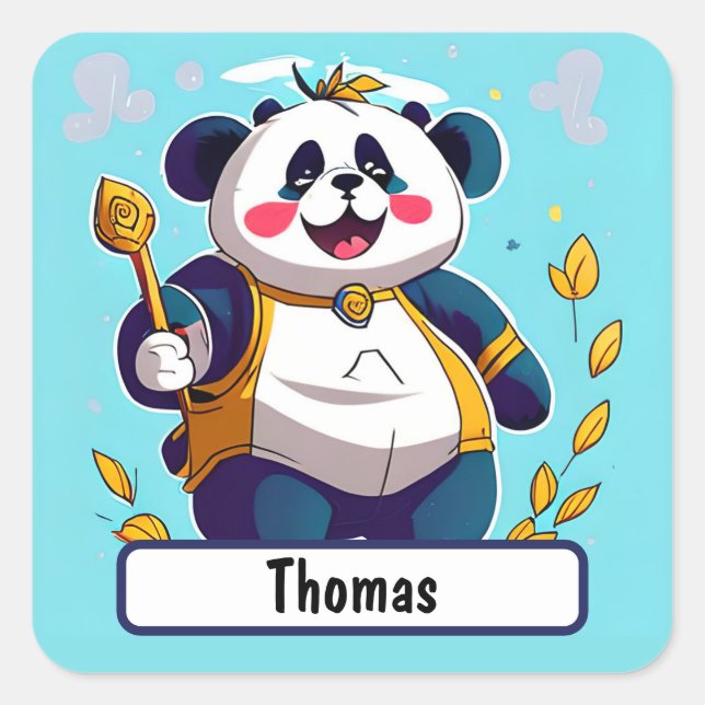 Cute Panda Bear With Customizable Nametag Square Sticker (Front)