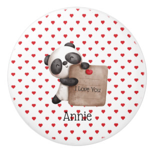 Cute Panda Bear With I Love You Note - Monogrammed Ceramic Knob