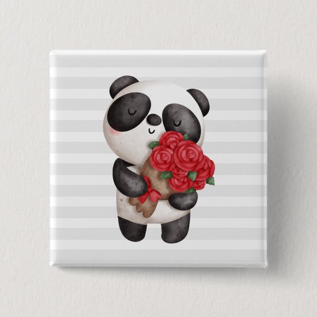 Cute Panda Bear with Rose Bouquet 2 Inch Square Button (Front)