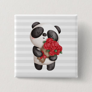Cute Panda Bear with Rose Bouquet 2 Inch Square Button