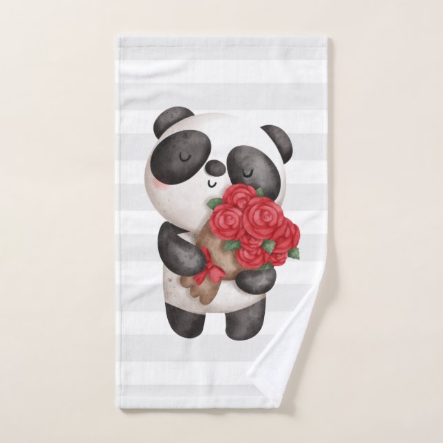 Cute Panda Bear with Rose Bouquet Bath Towel Set (Hand Towel)