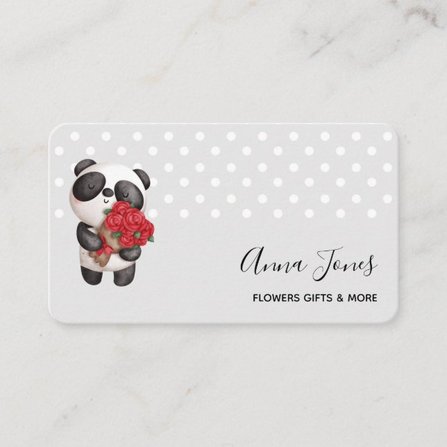 Cute Panda Bear with Rose Bouquet Business Card (Front)