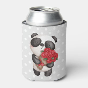 Cute Panda Bear with Rose Bouquet Can Cooler