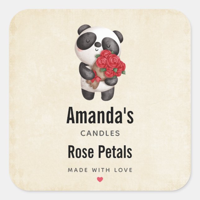 Cute Panda Bear with Rose Bouquet Candle or Soap Square Sticker (Front)