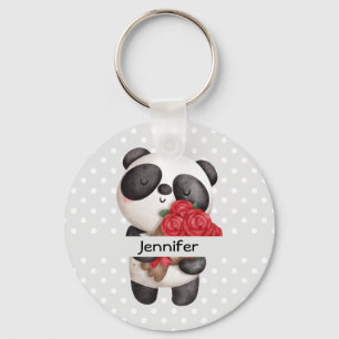 Cute Panda Bear with Rose Bouquet  Keychain