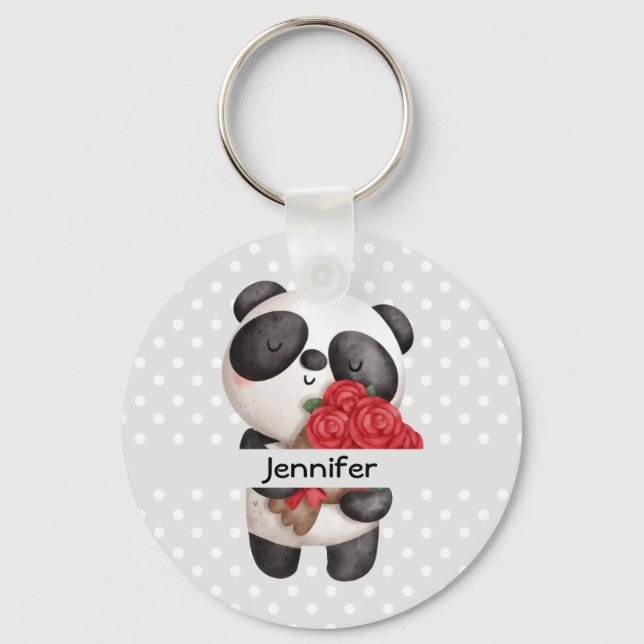Cute Panda Bear with Rose Bouquet  Keychain (Front)