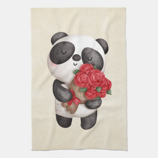 Cute Panda Bear with Rose Bouquet Kitchen Towel (Vertical)