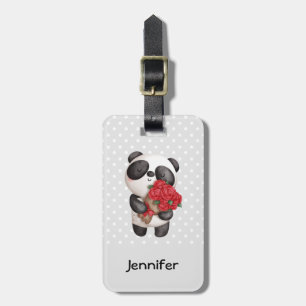 Cute Panda Bear with Rose Bouquet Luggage Tag