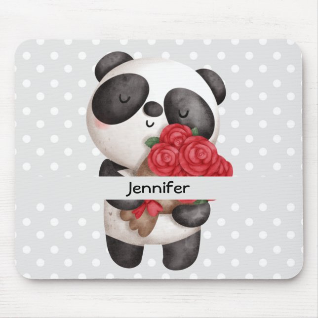 Cute Panda Bear with Rose Bouquet Mouse Pad (Front)