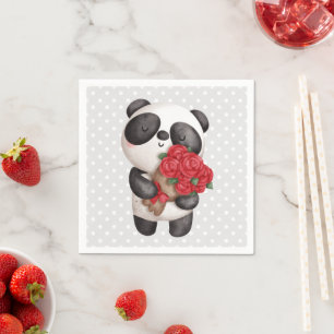 Cute Panda Bear with Rose Bouquet Napkin