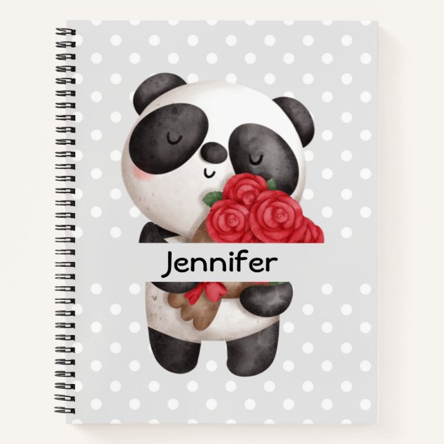 Cute Panda Bear with Rose Bouquet Notebook (Front)