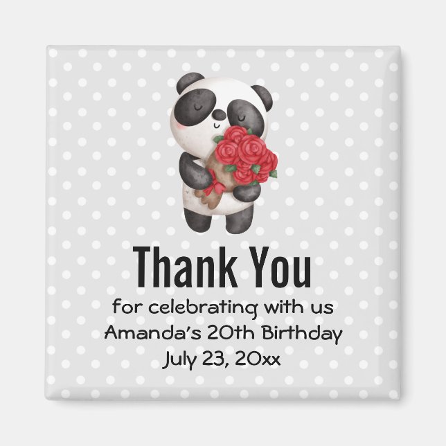 Cute Panda Bear with Rose Bouquet Party Thank You Magnet (Front)