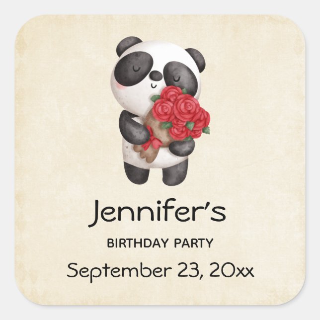 Cute Panda Bear with Rose Bouquet Save the Date Square Sticker (Front)