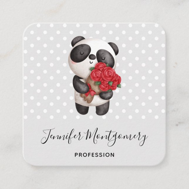 Cute Panda Bear with Rose Bouquet Square Business Card (Front)