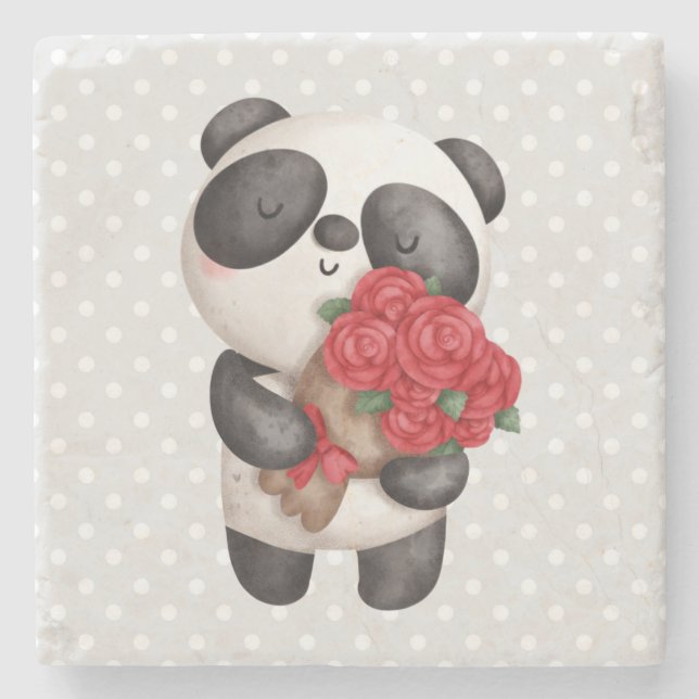 Cute Panda Bear with Rose Bouquet Stone Coaster (Front)