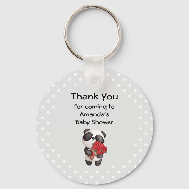 Cute Panda Bear with Rose Bouquet Thank You Keychain (Front)