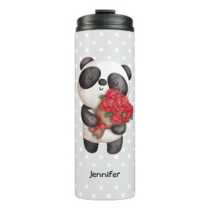 Cute Panda Bear with Rose Bouquet Thermal Tumbler