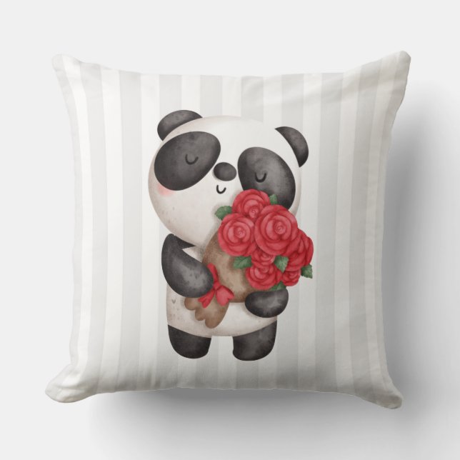 Cute Panda Bear with Rose Bouquet Throw Pillow (Front)
