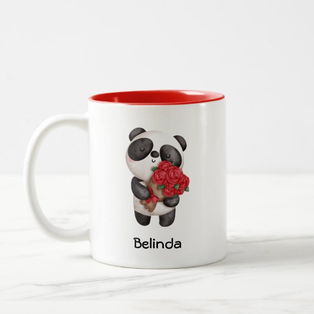 Cute Panda Bear with Rose Bouquet Two-Tone Coffee Mug (Left)