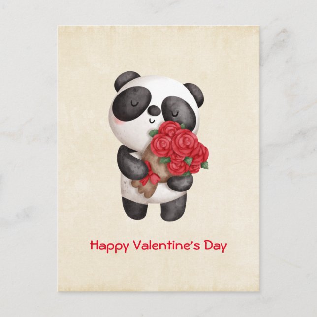 Cute Panda Bear with Rose Bouquet Valentine's Day Holiday Postcard (Front)